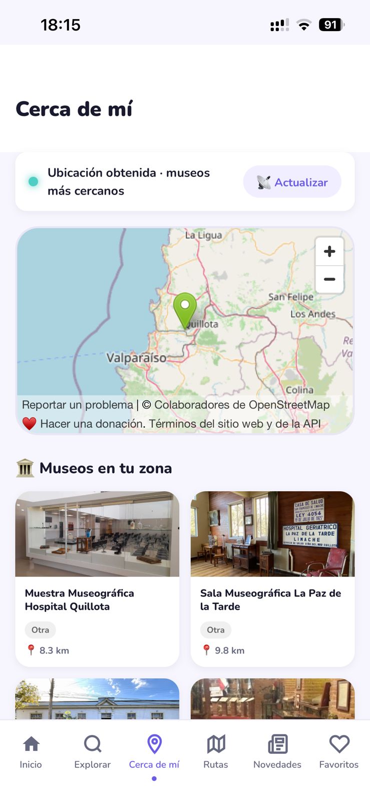 Pantalla Cerca de mí con mapa y museos en tu zona