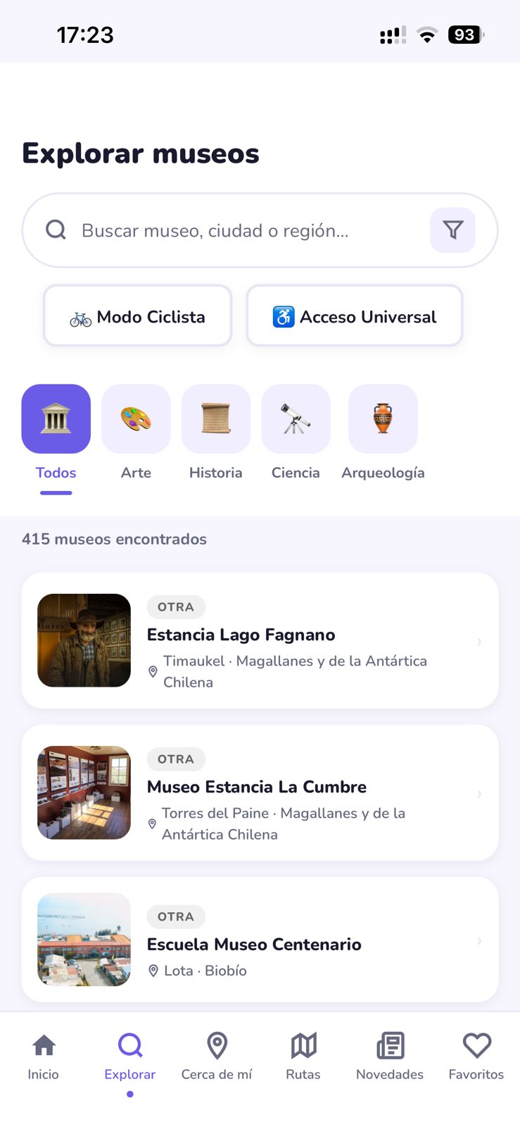 Pantalla Explorar museos con buscador, filtros y categorías