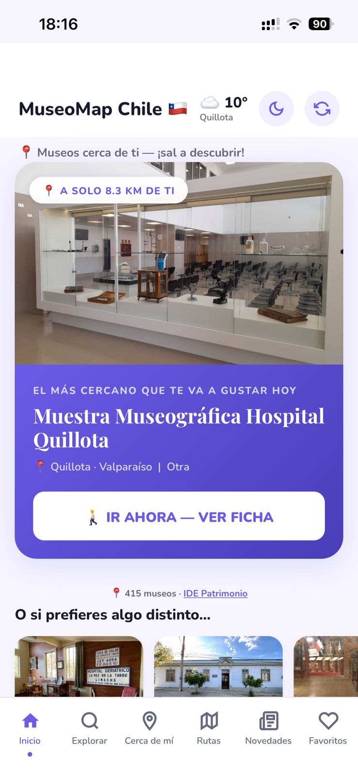 Pantalla de inicio con museo recomendado del día